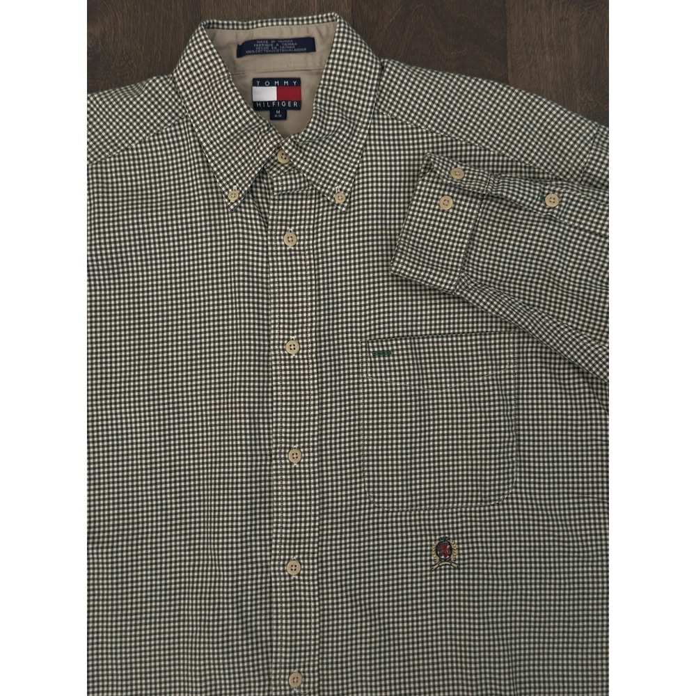 Tommy Hilfiger Mens Shirt Size M Olive Green Check Button Down Long Sleeve Crest